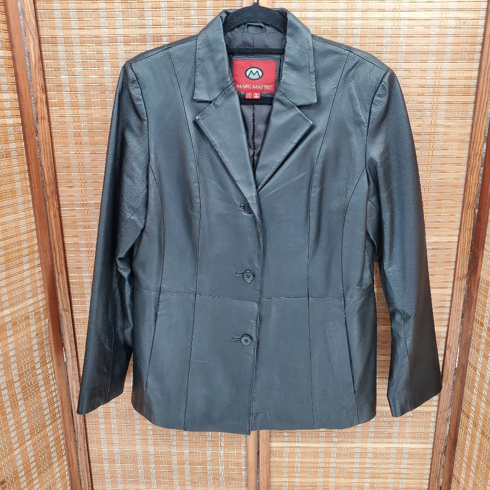 ◇ Marc Mattis Black Leather 3 Button Jacket with Notched Collar Size Medium